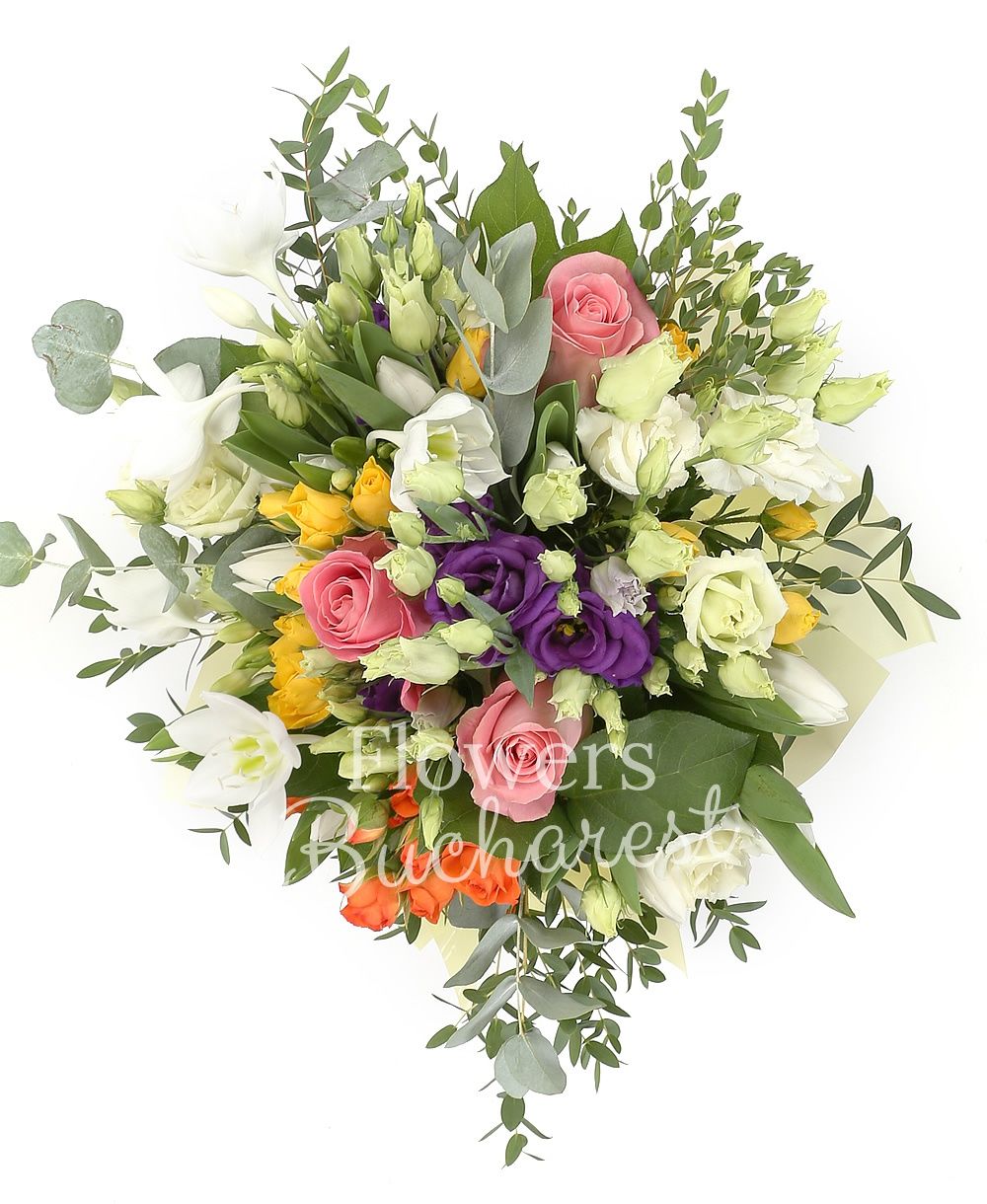 3 pink roses, 2 purple lisianthus, 3 white lisianthus, 3 yellow miniroses, 1 orange miniroses, 10 tulips, 3 eucharis, greenery