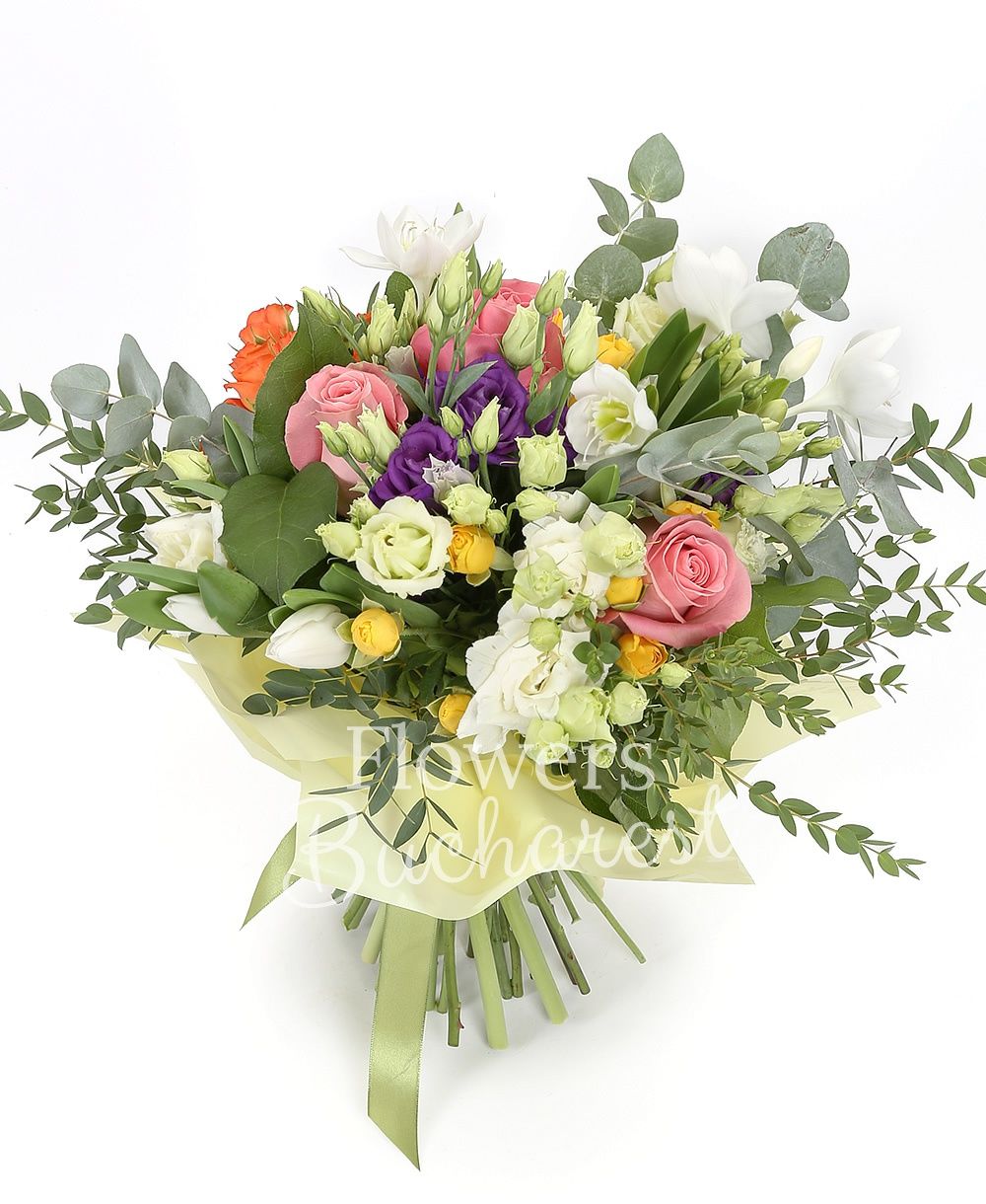 3 pink roses, 2 purple lisianthus, 3 white lisianthus, 3 yellow miniroses, 1 orange miniroses, 10 tulips, 3 eucharis, greenery