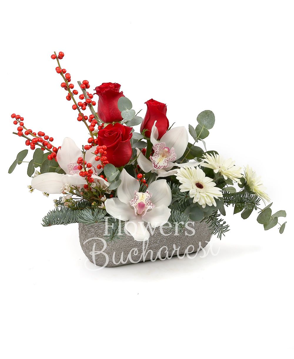 3 red roses, white cymbidium, 3 white gerbera, ilex, waxflower, fir, greenery, vase