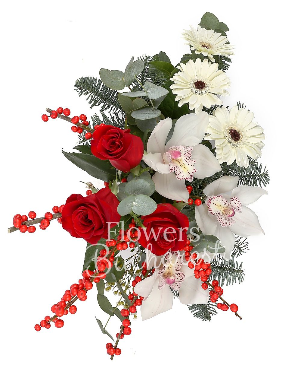 3 red roses, white cymbidium, 3 white gerbera, ilex, waxflower, fir, greenery, vase