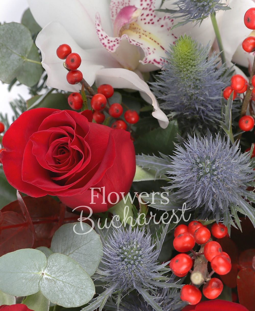 3 red roses, 1 white cymbidium, 2 red anthurium, eryngium, ilex, fir, greenery, vase