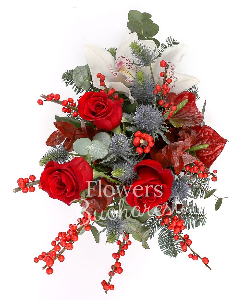 3 red roses, 1 white cymbidium, 2 red anthurium, eryngium, ilex, fir, greenery, vase
