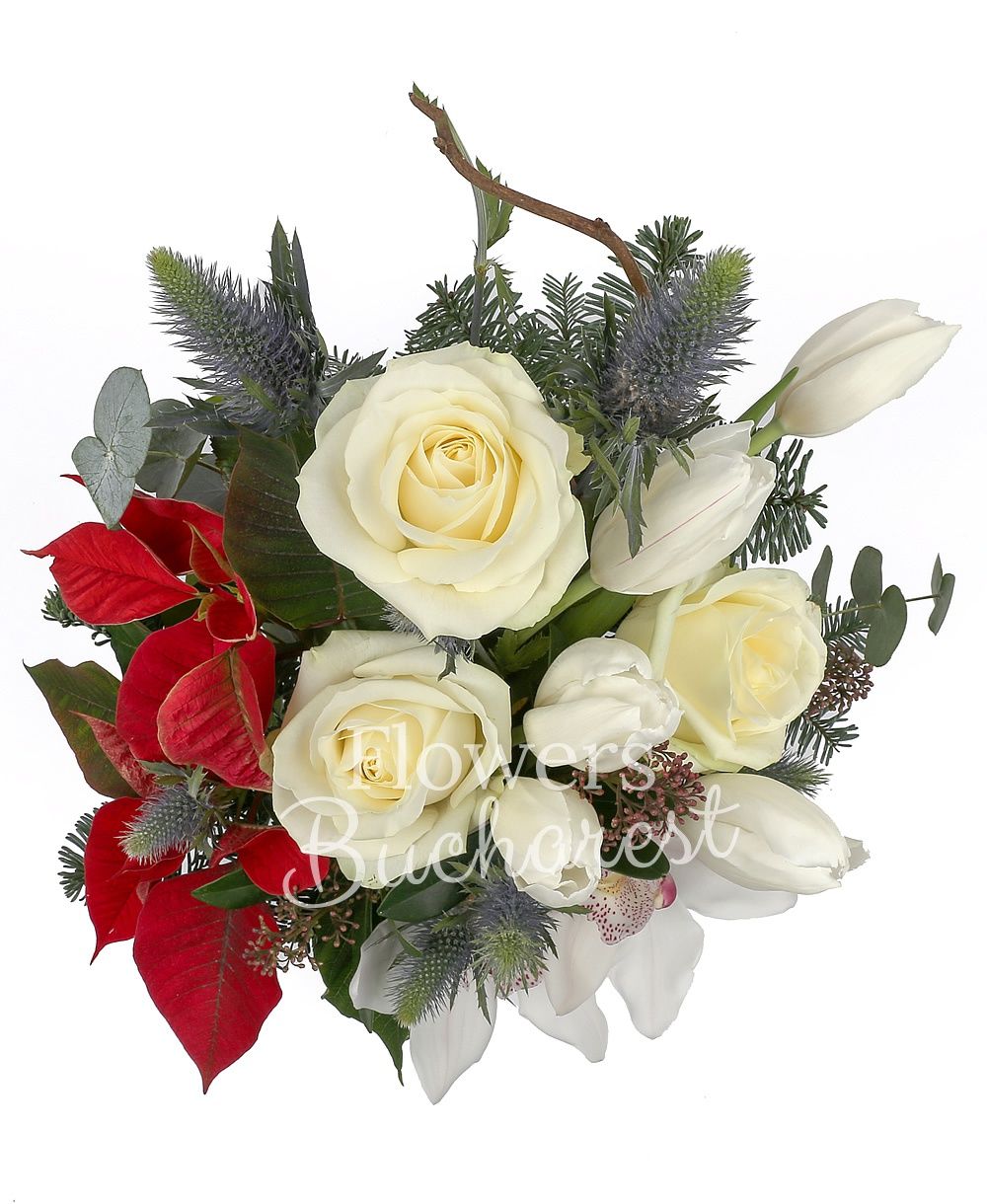 3 white roses, 5 white tulips, 1 white cymbidium, poinsettia, eryngium, corylus, fir, greenery, vase