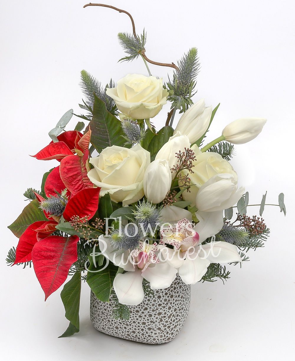 3 white roses, 5 white tulips, 1 white cymbidium, poinsettia, eryngium, corylus, fir, greenery, vase