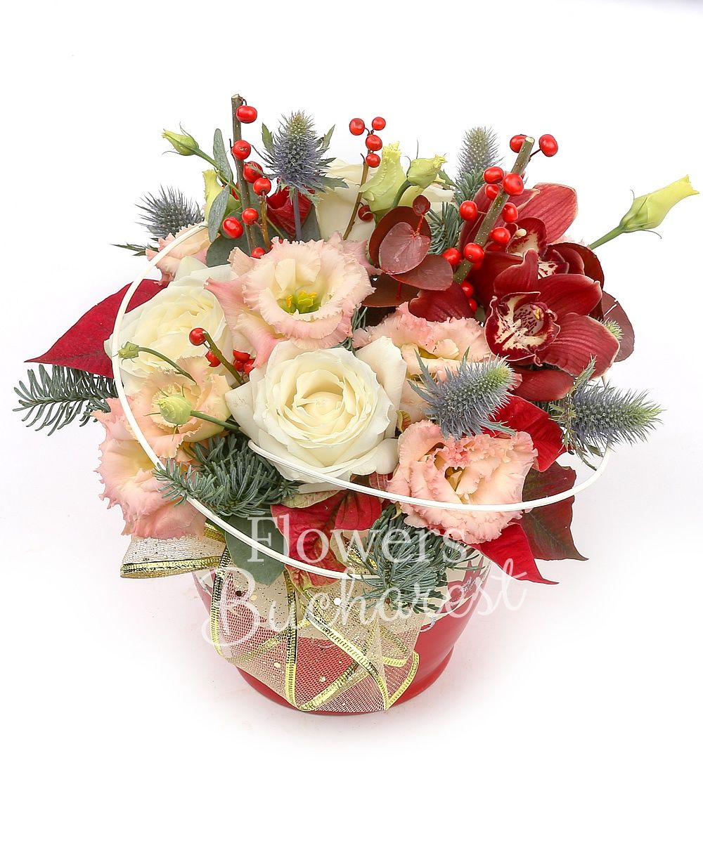 3 white roses, 1 cymbidium, 3 pink lisianthus, ilex, eryngium, poinsettia, fir, curly, vas