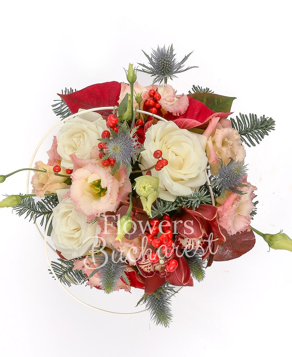 3 white roses, 1 cymbidium, 3 pink lisianthus, ilex, eryngium, poinsettia, fir, curly, vas