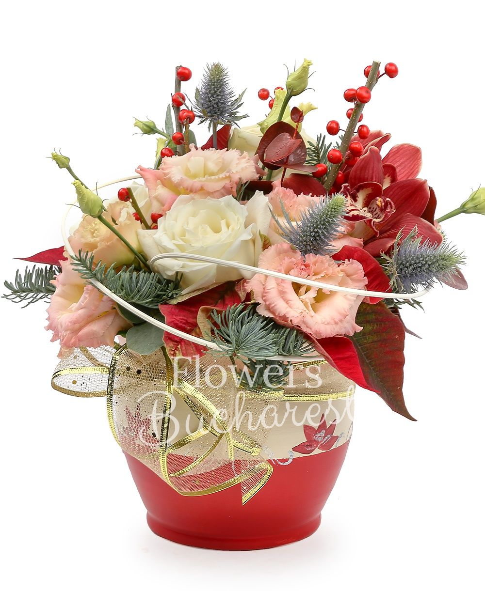 3 white roses, 1 cymbidium, 3 pink lisianthus, ilex, eryngium, poinsettia, fir, curly, vas