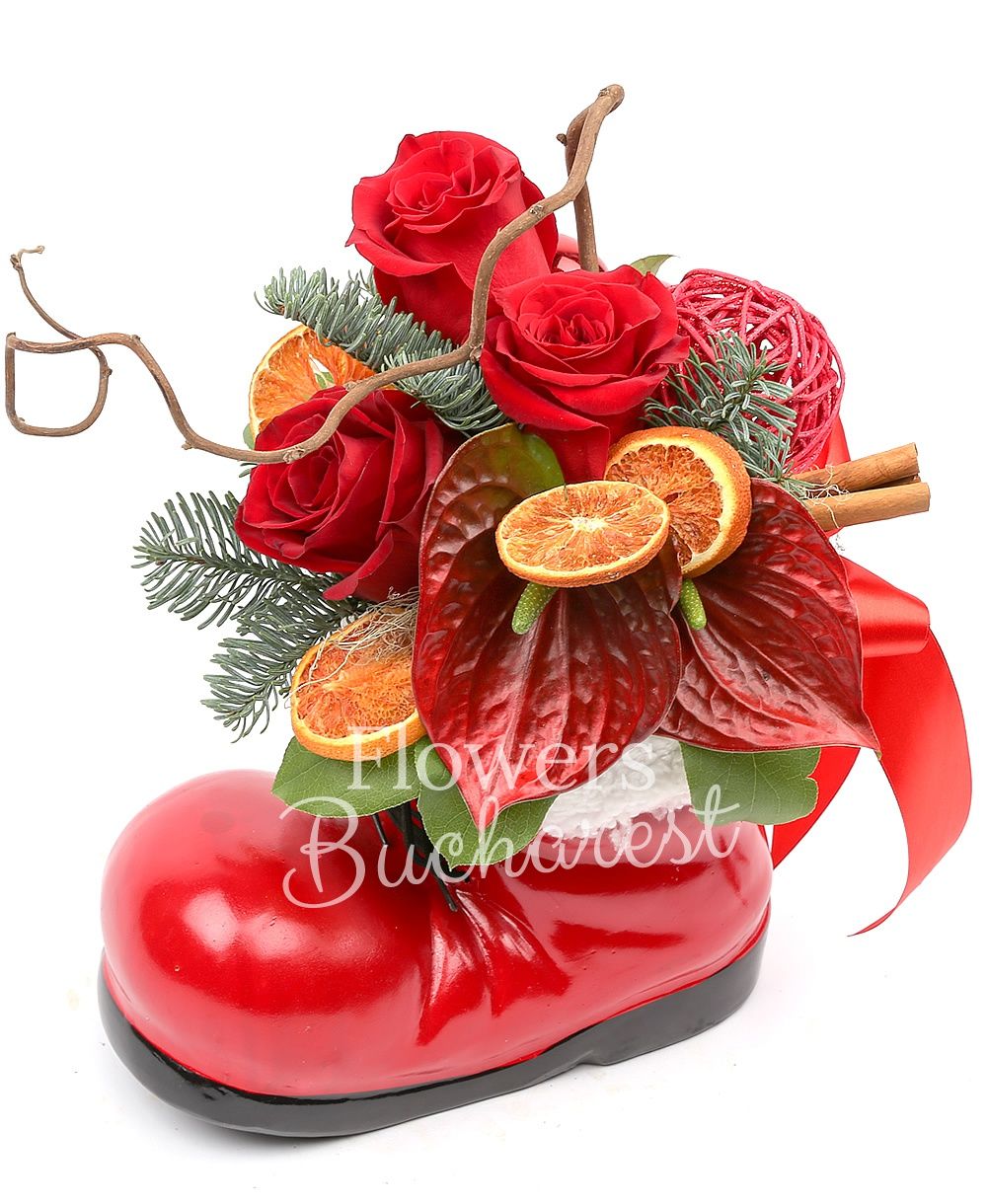 3 red roses, 2 red anthurium, corylus, orange slices, cinnamon, globes, fir, greenery