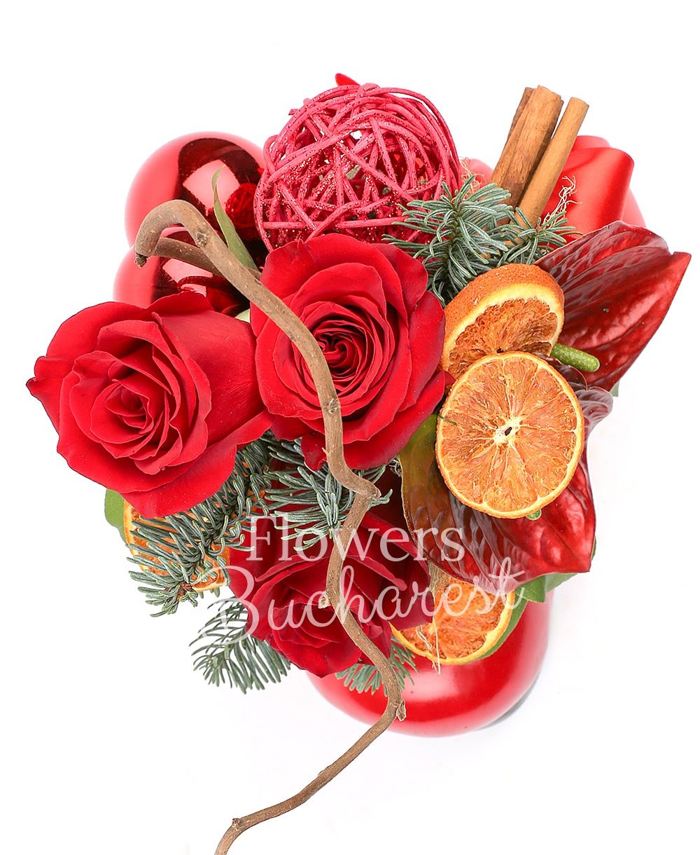 3 red roses, 2 red anthurium, corylus, orange slices, cinnamon, globes, fir, greenery