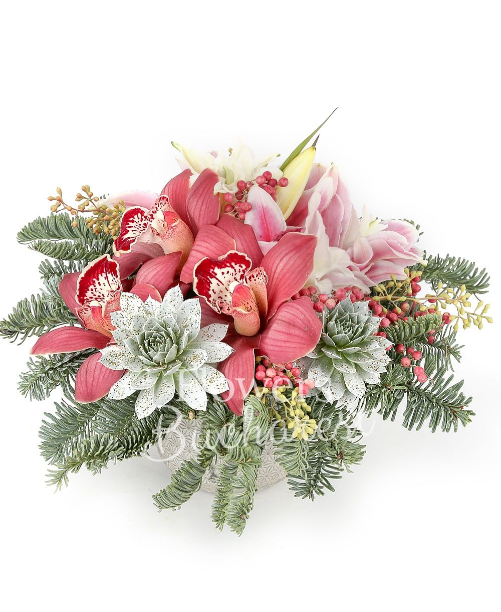 cymbidium, 2 pink lilies, 2 euphorbia, greenery