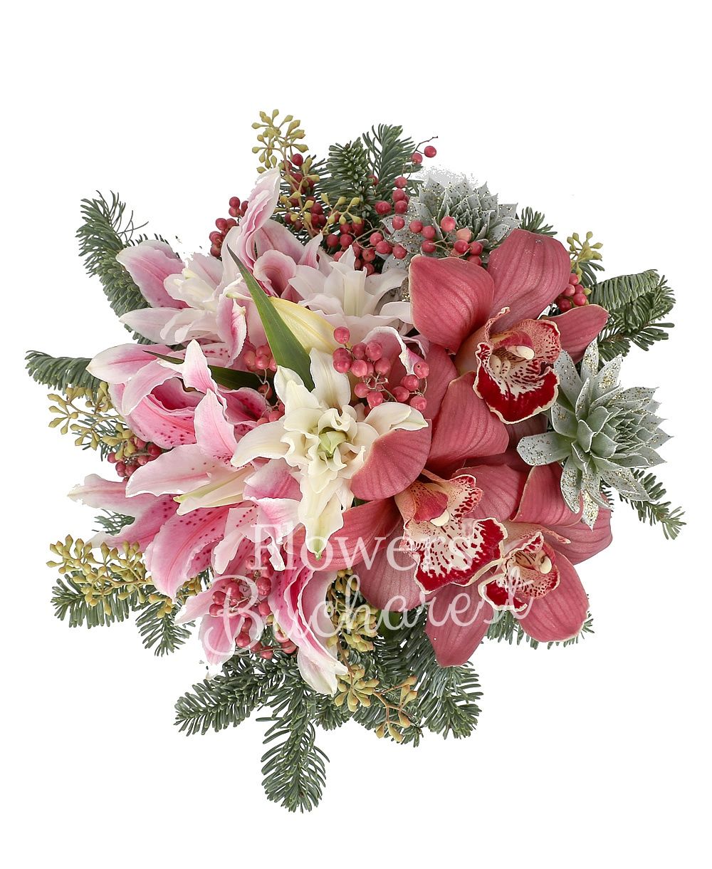 cymbidium, 2 pink lilies, 2 euphorbia, greenery