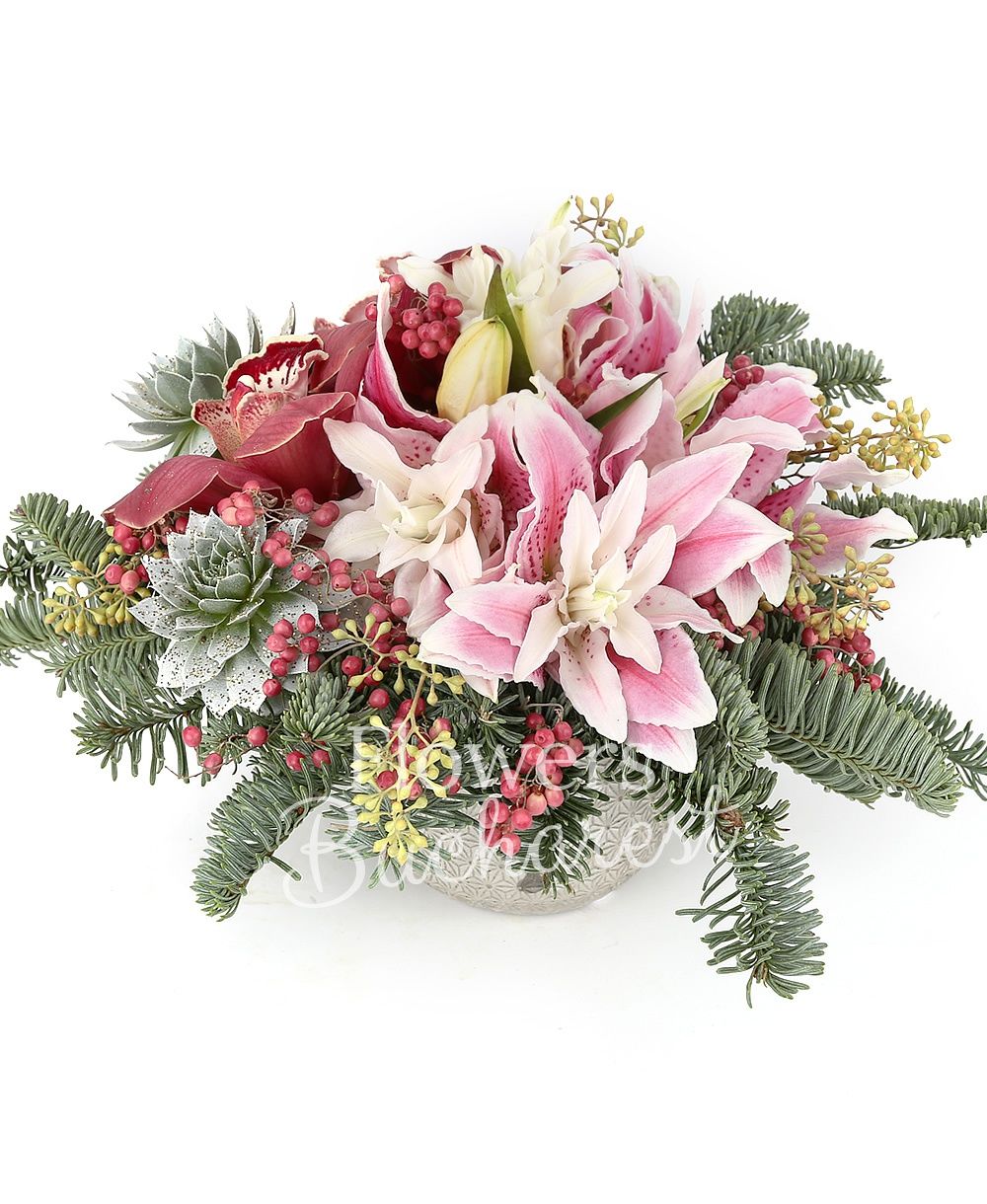 cymbidium, 2 pink lilies, 2 euphorbia, greenery