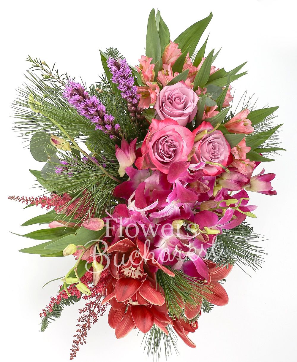 3 mauve roses, 5 mauve dendrobium orchid, 1 garnet cymbidium, 3 astilbe, 3 pink alstroemeria, 3 liatris, pine tree, ceramic vase