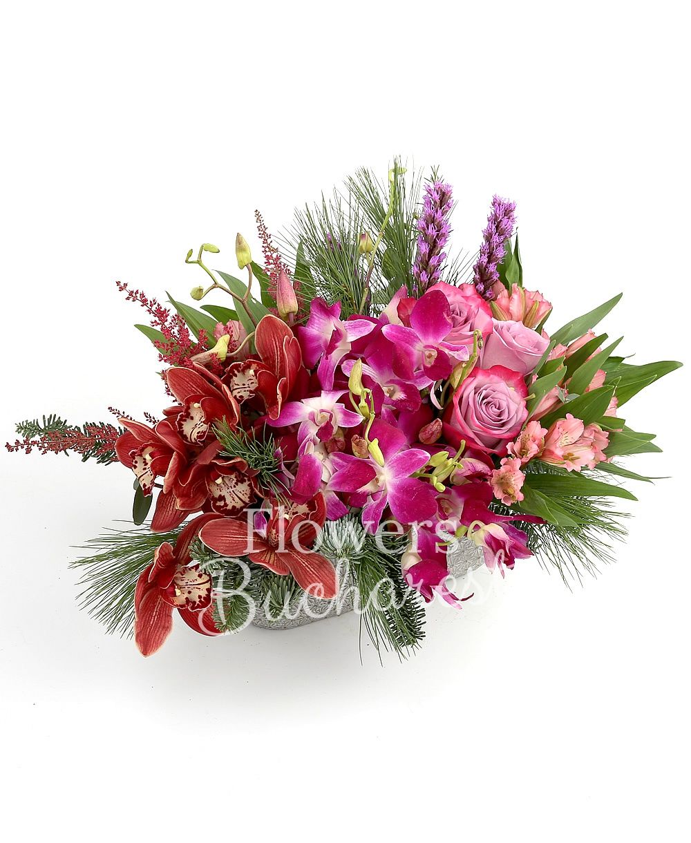 3 mauve roses, 5 mauve dendrobium orchid, 1 garnet cymbidium, 3 astilbe, 3 pink alstroemeria, 3 liatris, pine tree, ceramic vase
