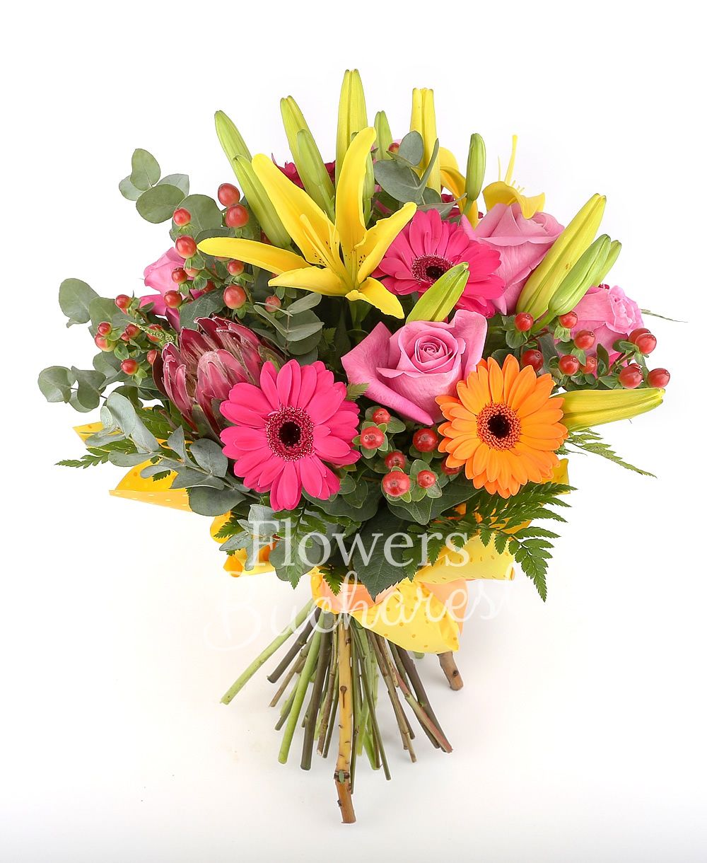 3 yellow lilies, 5 pink roses, 6 red hypericum, 3 cyclam gerbera, 2 orange gerbera, 2 proteea, greenery