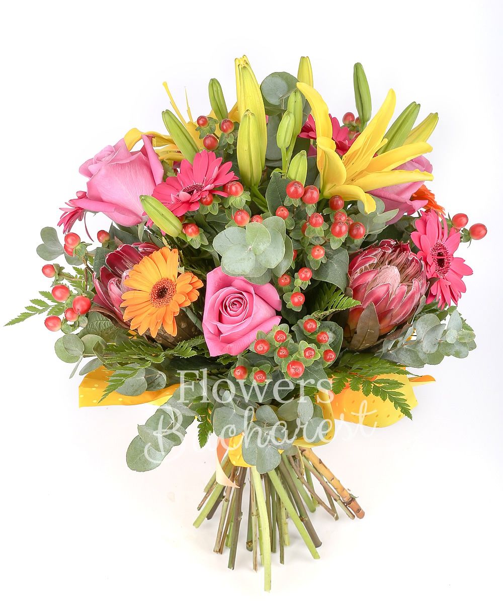 3 yellow lilies, 5 pink roses, 6 red hypericum, 3 cyclam gerbera, 2 orange gerbera, 2 proteea, greenery