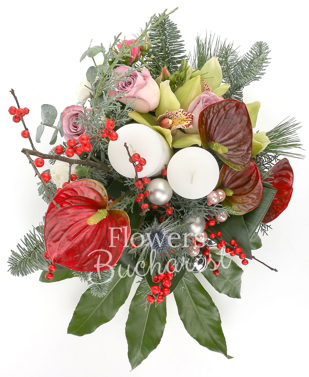 4 anthurium, 3 mauve roses, 1 pink minirose, 1 green cymbidium, 1 eryngium, 1 white lisianthus, ilex, candles, globes, greenery