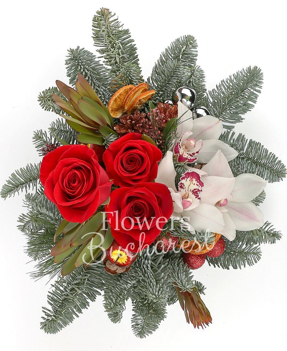 3 red roses, 3 white cymbidium, 2 leucadendron, 5 globes, decorations, basket