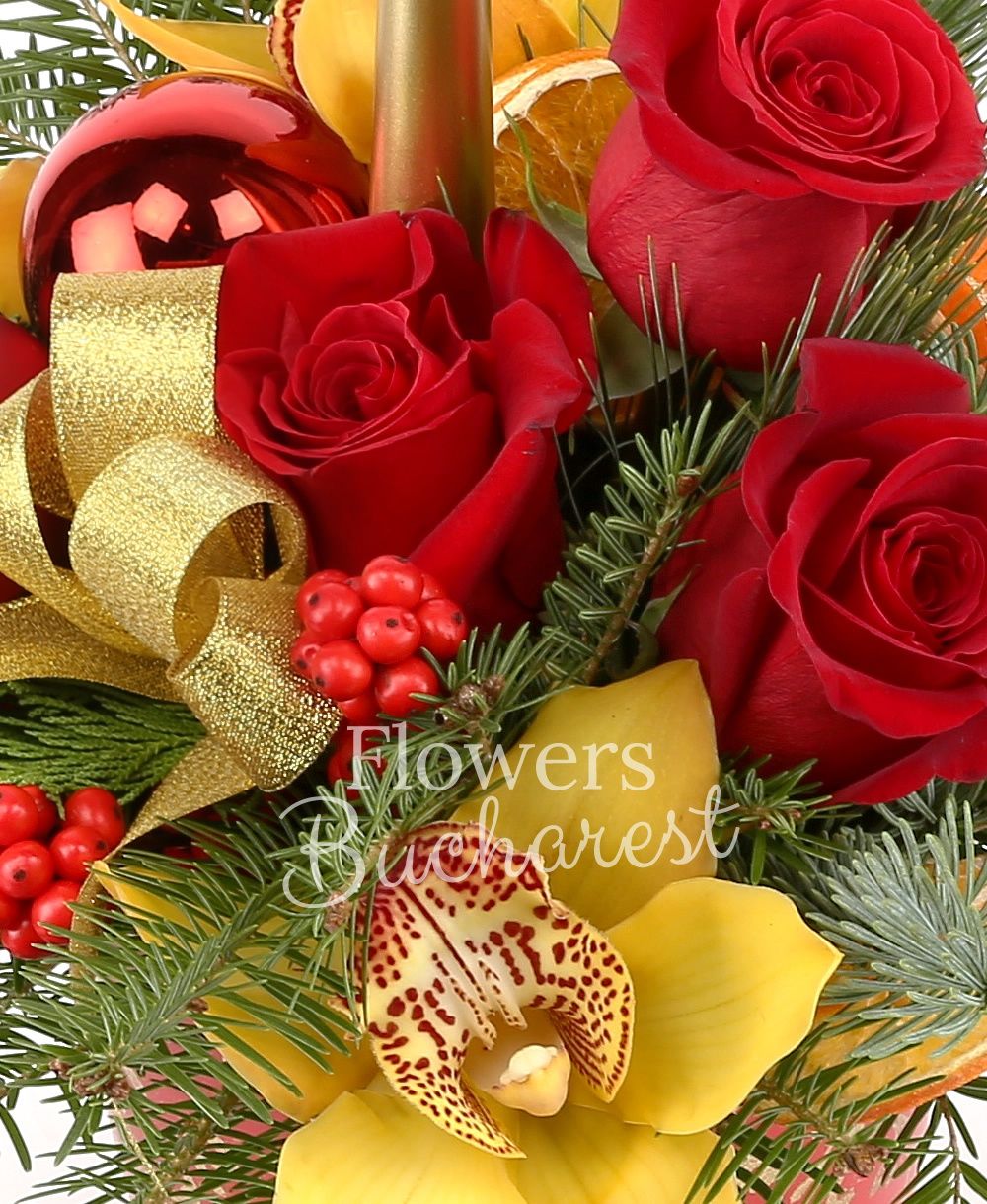 3 red roses, yellow cymbidium, ilex, christmas decorations, fir, vase