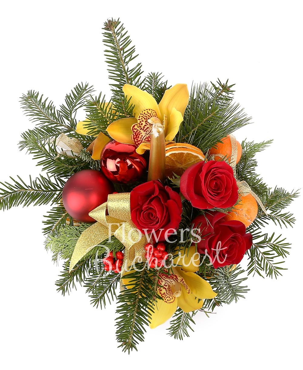 3 red roses, yellow cymbidium, ilex, christmas decorations, fir, vase