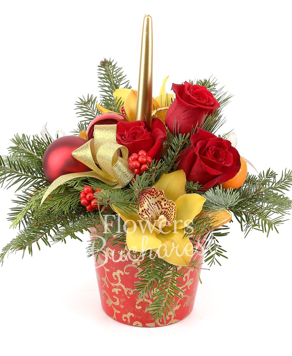 3 red roses, yellow cymbidium, ilex, christmas decorations, fir, vase
