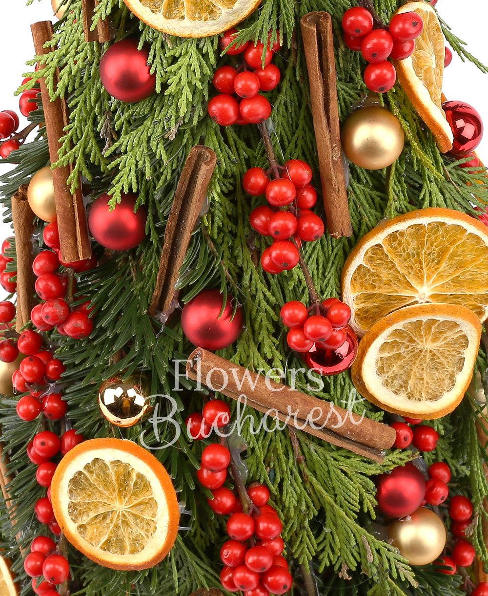 5 ilex, sliced orange slices, cinnamon, red globes, silver globes, greenery