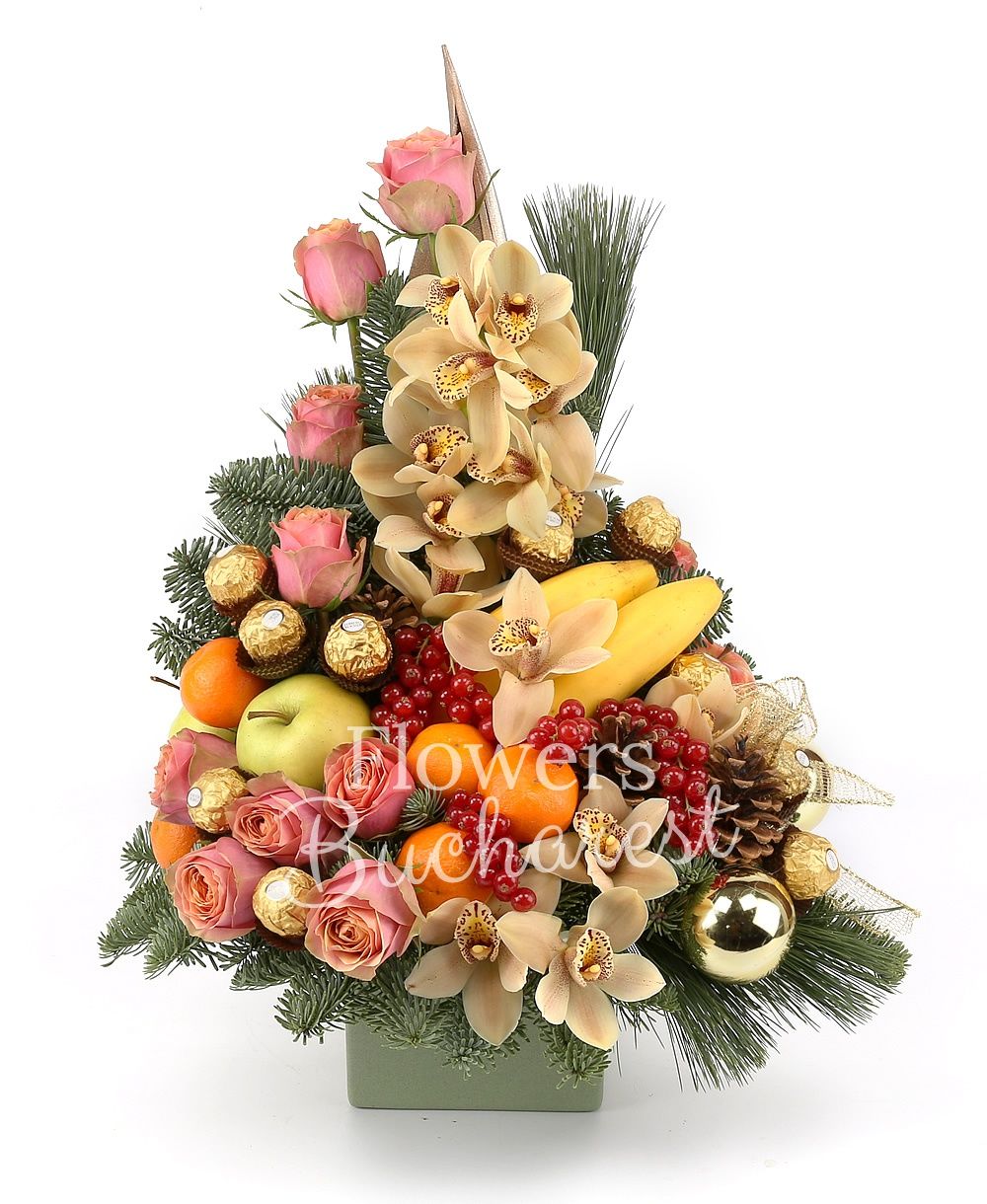 10 pink roses, cymbidium, fruits, candies, fir, christmas decorations, ceramic vase