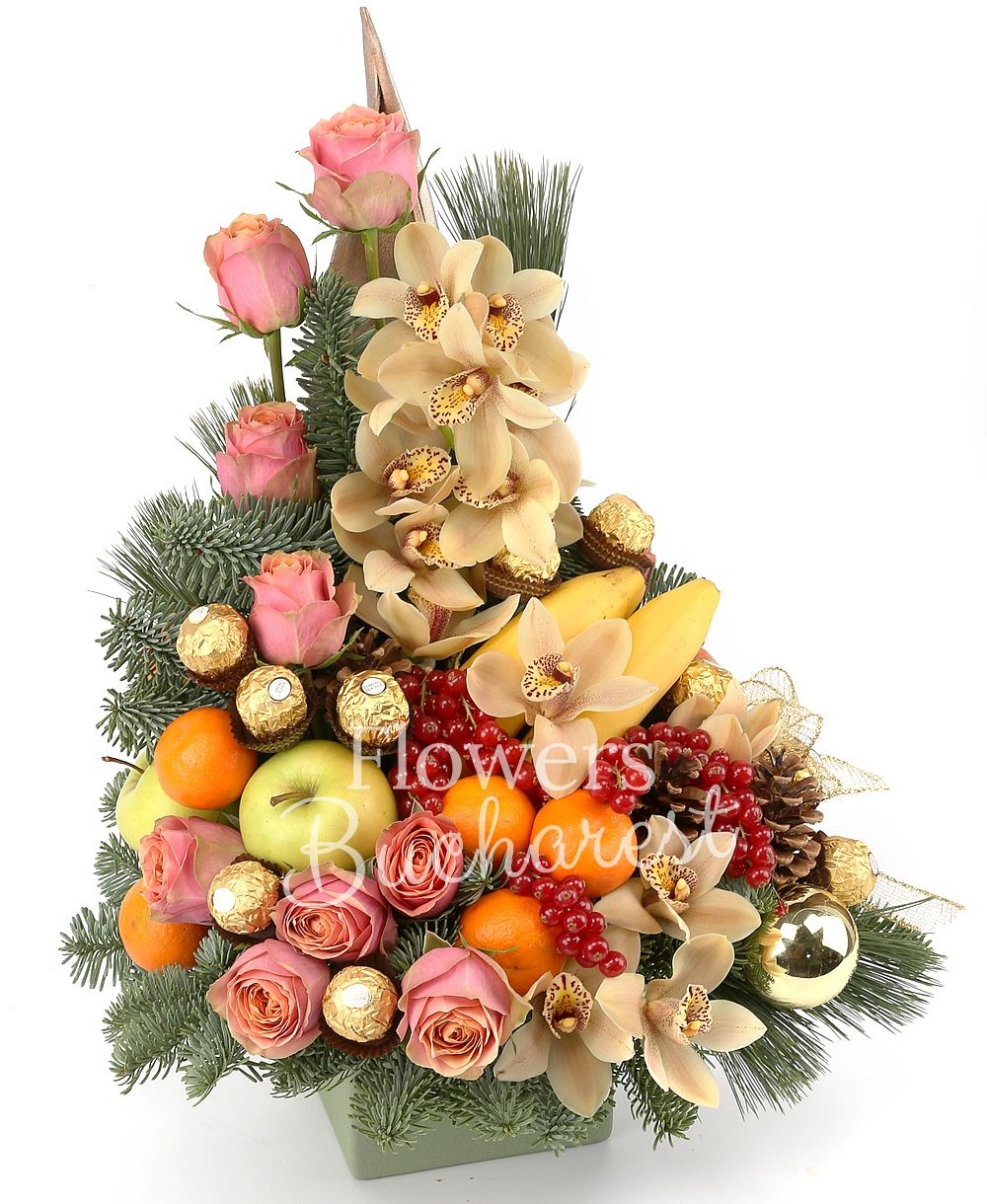 10 pink roses, cymbidium, fruits, candies, fir, christmas decorations, ceramic vase