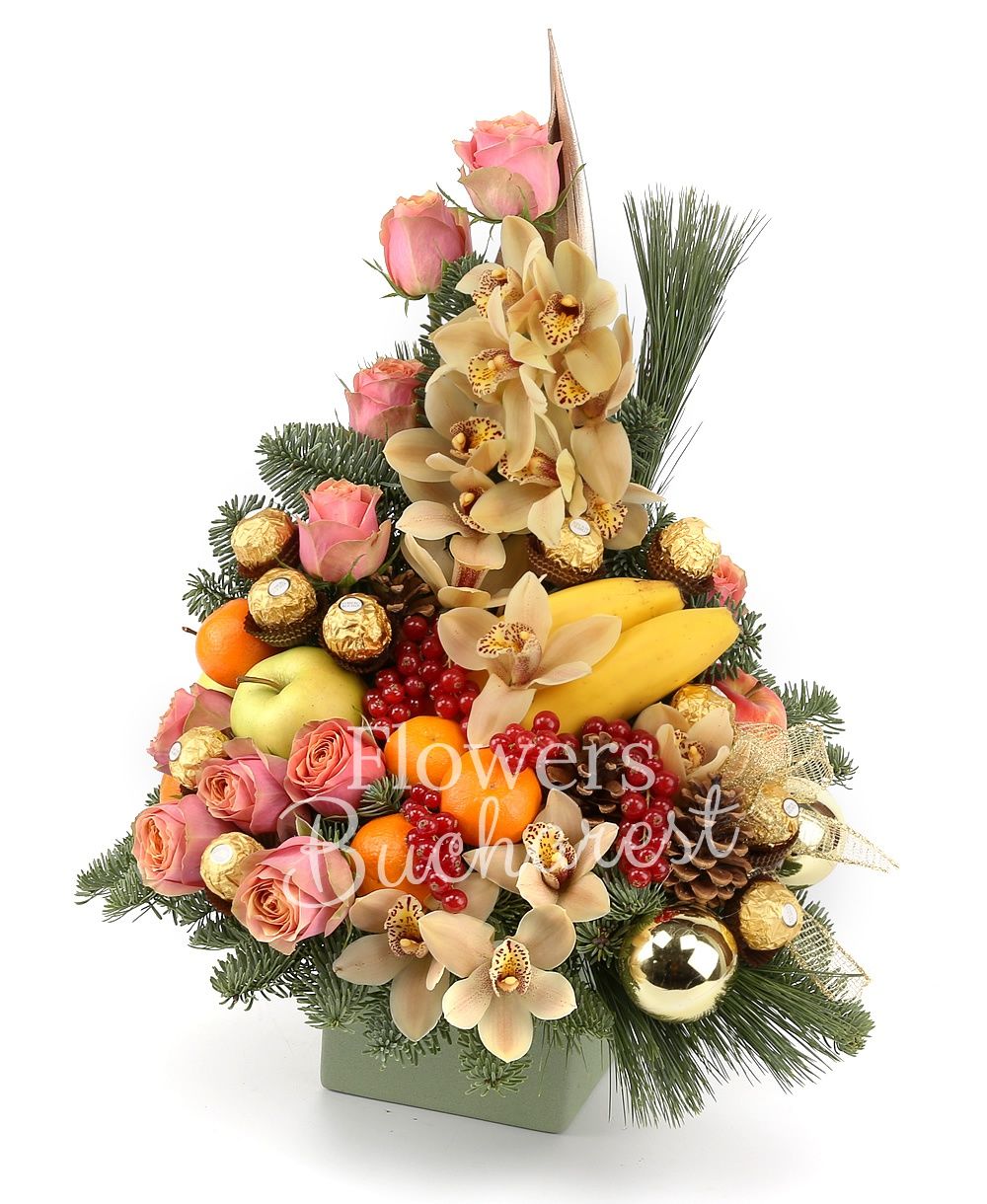 10 pink roses, cymbidium, fruits, candies, fir, christmas decorations, ceramic vase