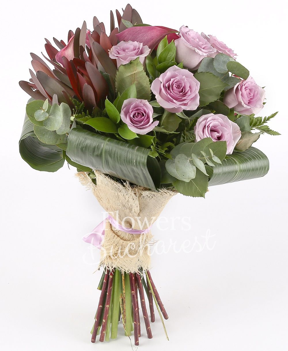 7 mauve roses, 7 cyclam cala, 7 leucadendron, greenery