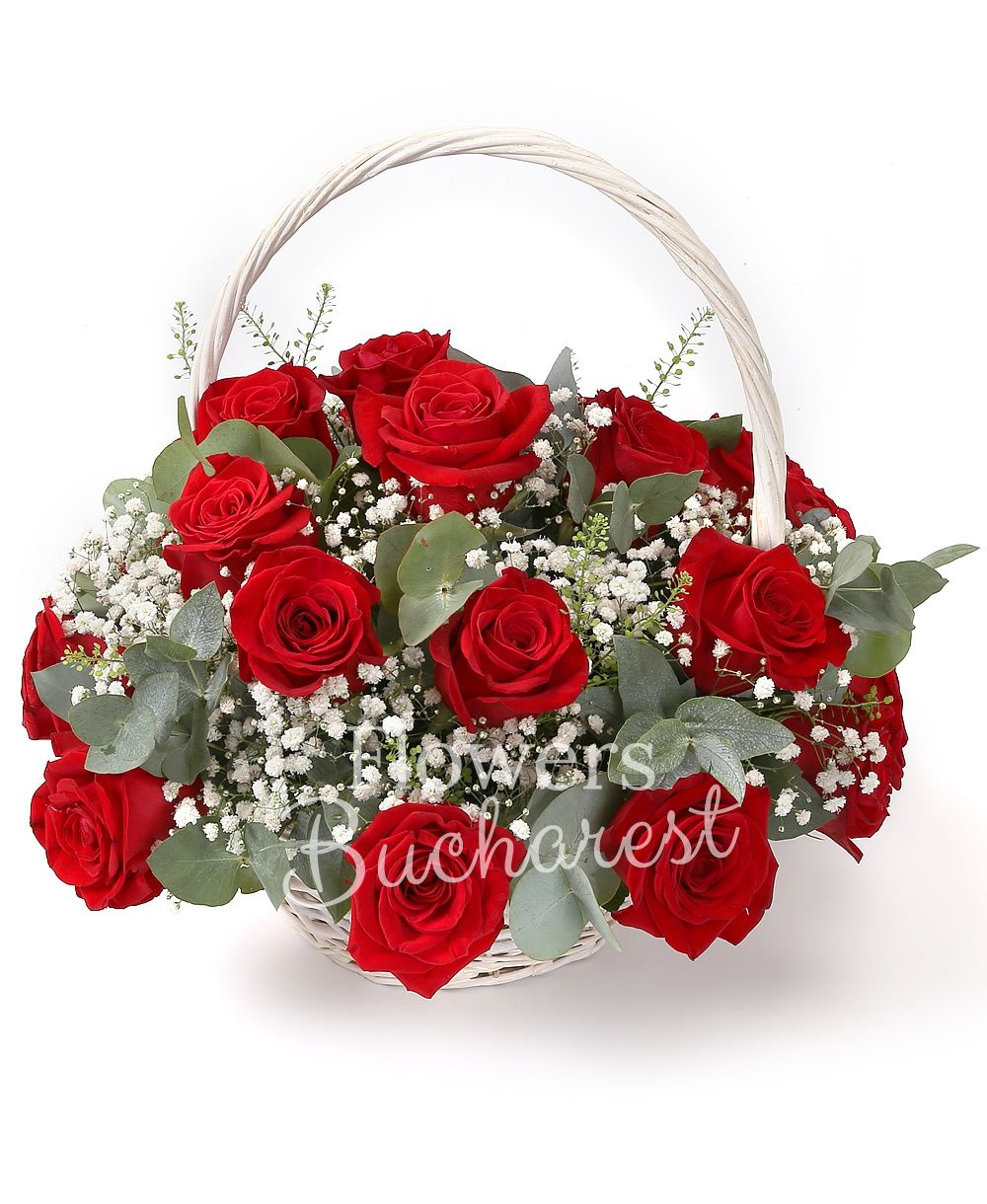 25 red roses, greenery, basket