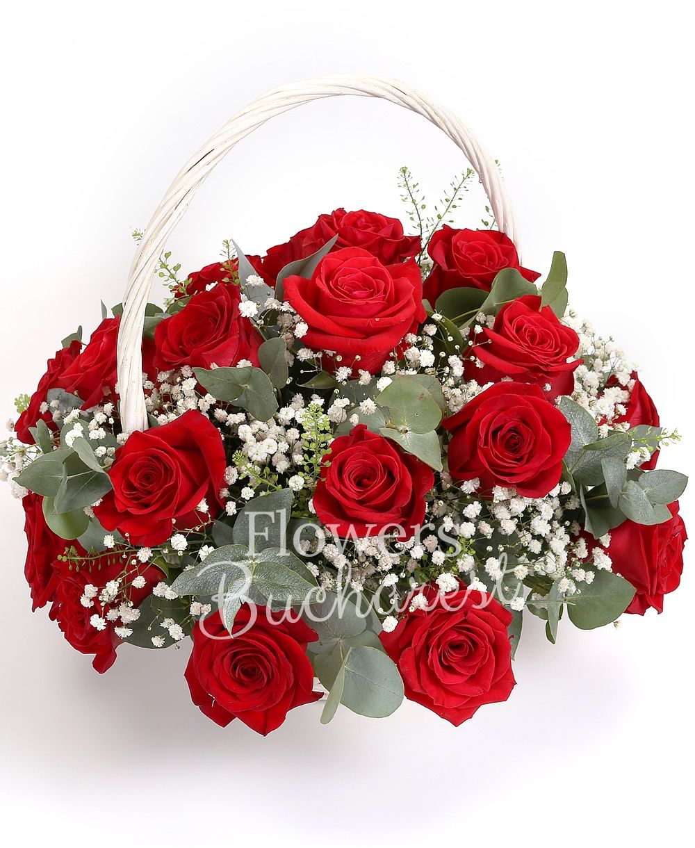 25 red roses, greenery, basket