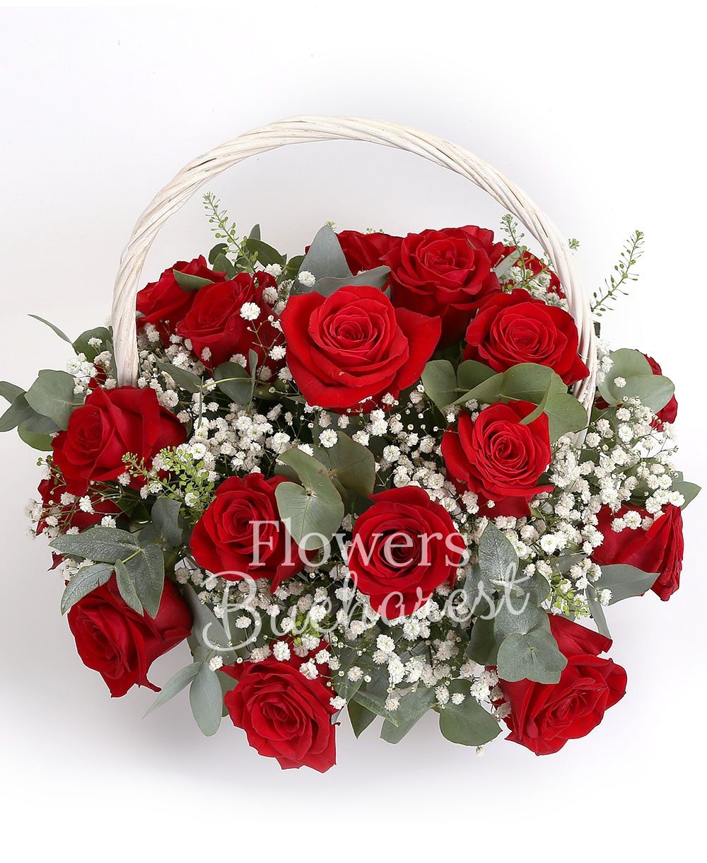 25 red roses, greenery, basket