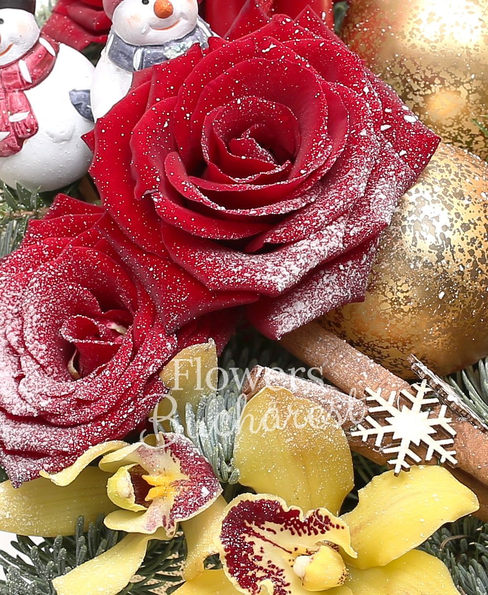 3 red roses, yellow cymbidium, anthurium, ilex, silver fir, christmas decorations, vase