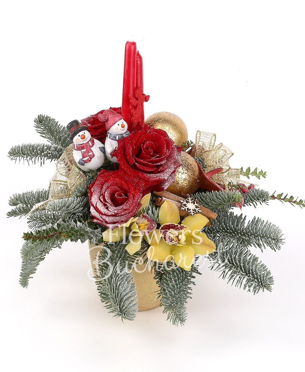 3 red roses, yellow cymbidium, anthurium, ilex, silver fir, christmas decorations, vase
