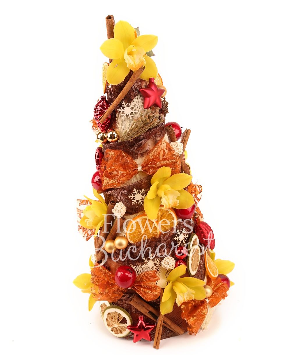 yellow cymbidium, cinnamon, dried oranges, apples, stars, cones, decorations