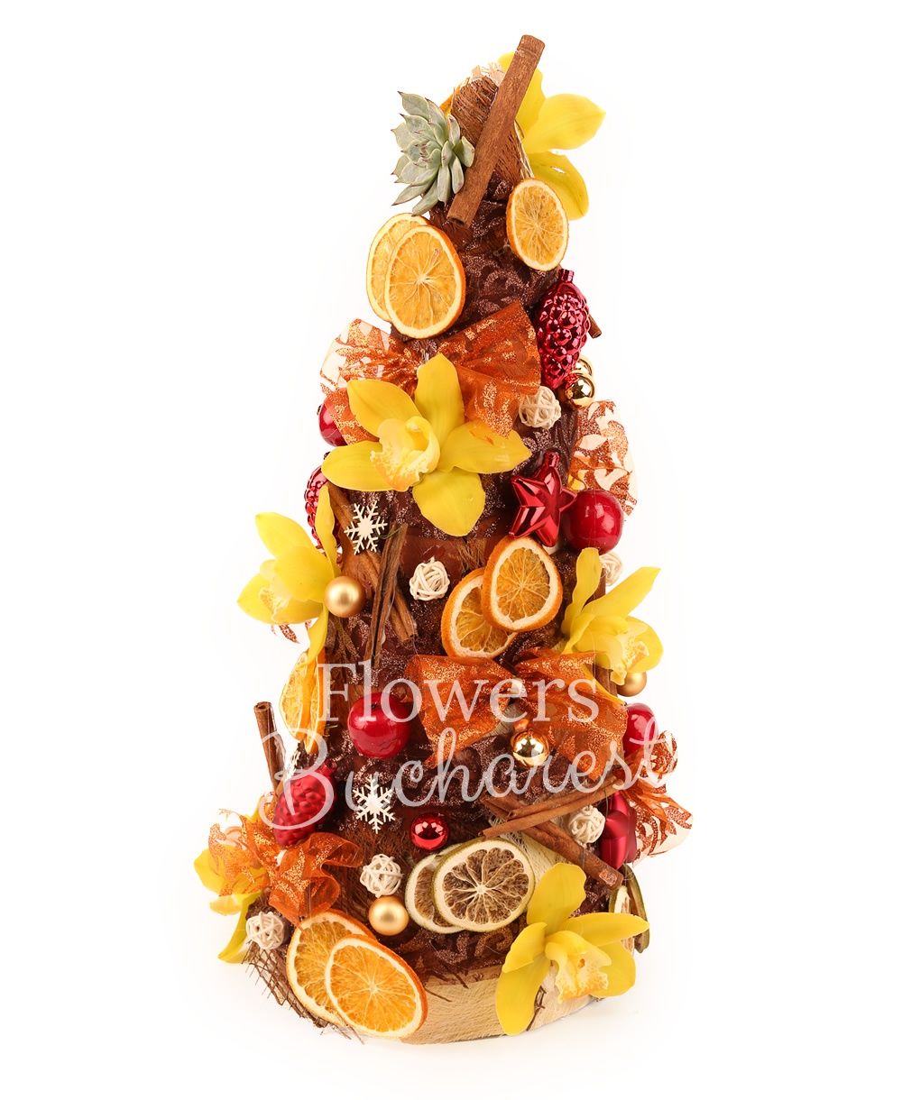 yellow cymbidium, cinnamon, dried oranges, apples, stars, cones, decorations