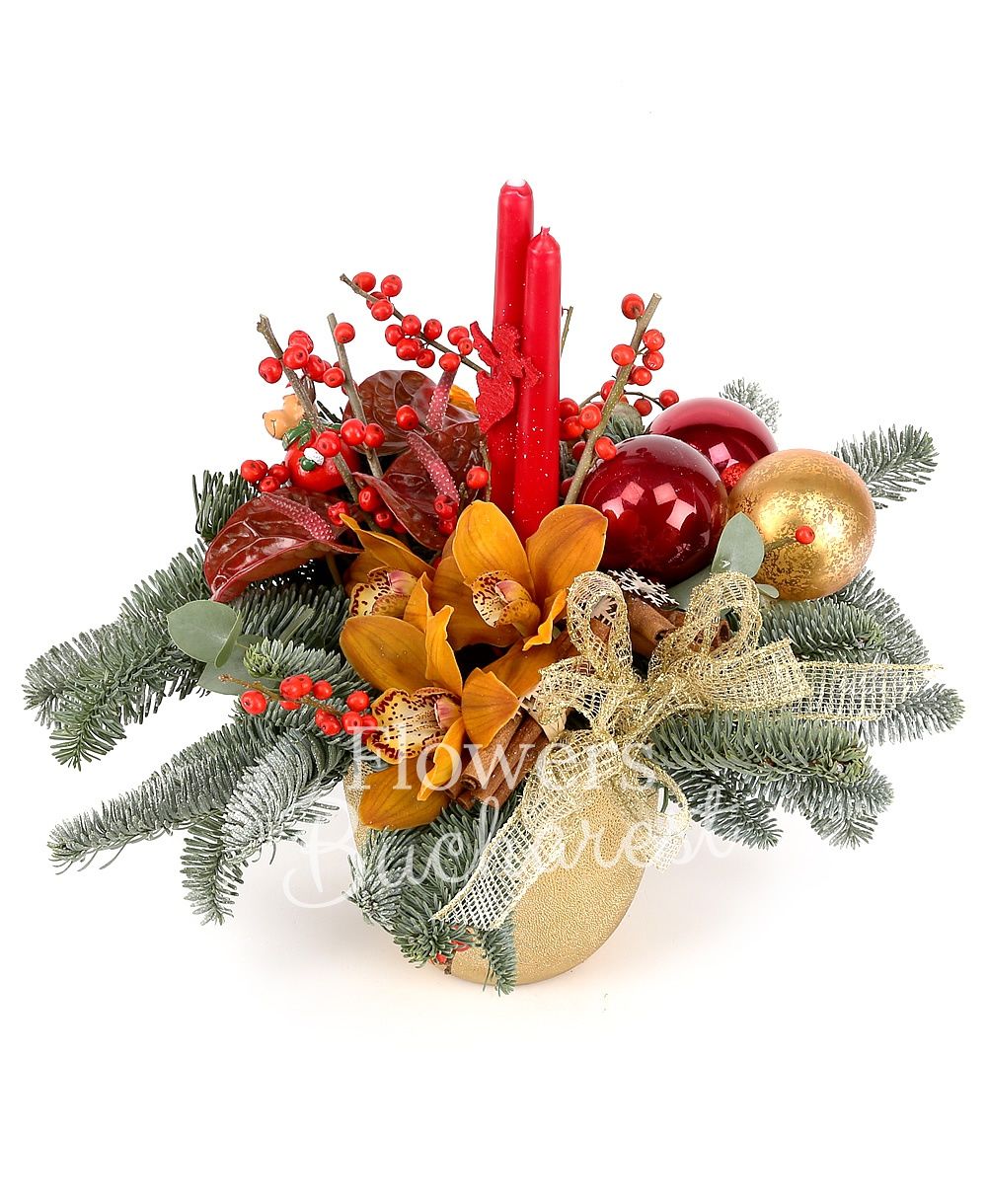 3 red anthurium, ilex, 1 yellow cymbidium, globes, dried fruits, candle, fir