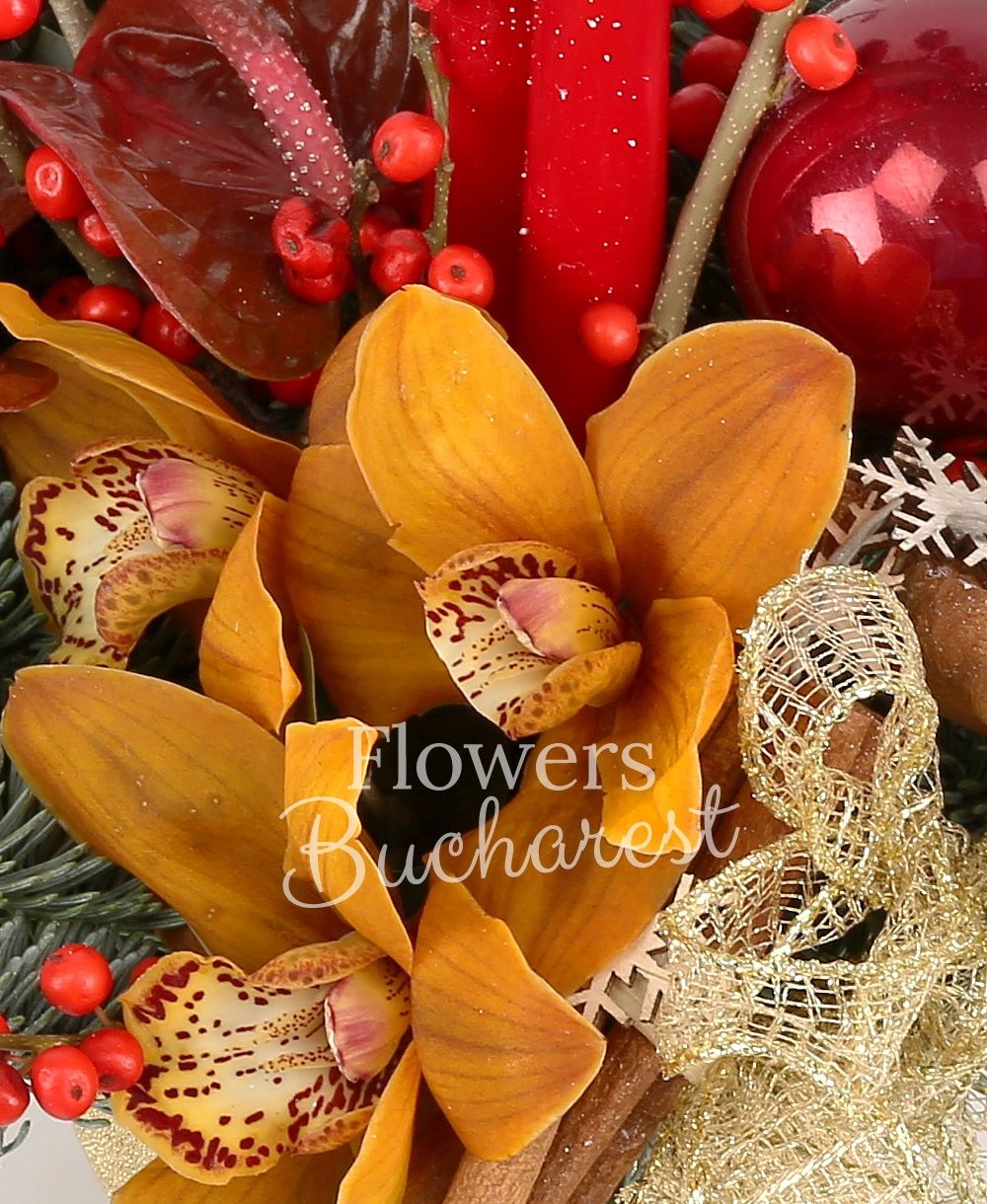 3 red anthurium, ilex, 1 yellow cymbidium, globes, dried fruits, candle, fir