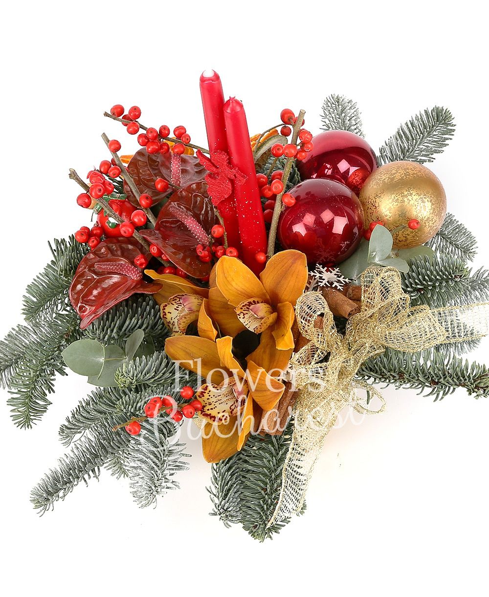 3 red anthurium, ilex, 1 yellow cymbidium, globes, dried fruits, candle, fir