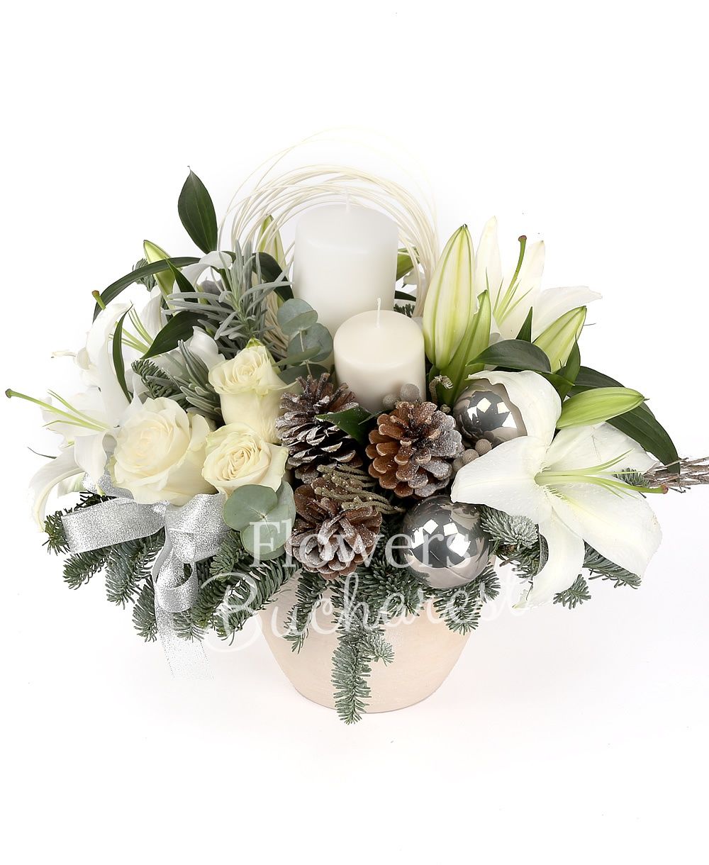 4 white lilies, 3 white roses, 5 brunia, globes, fir, greenery