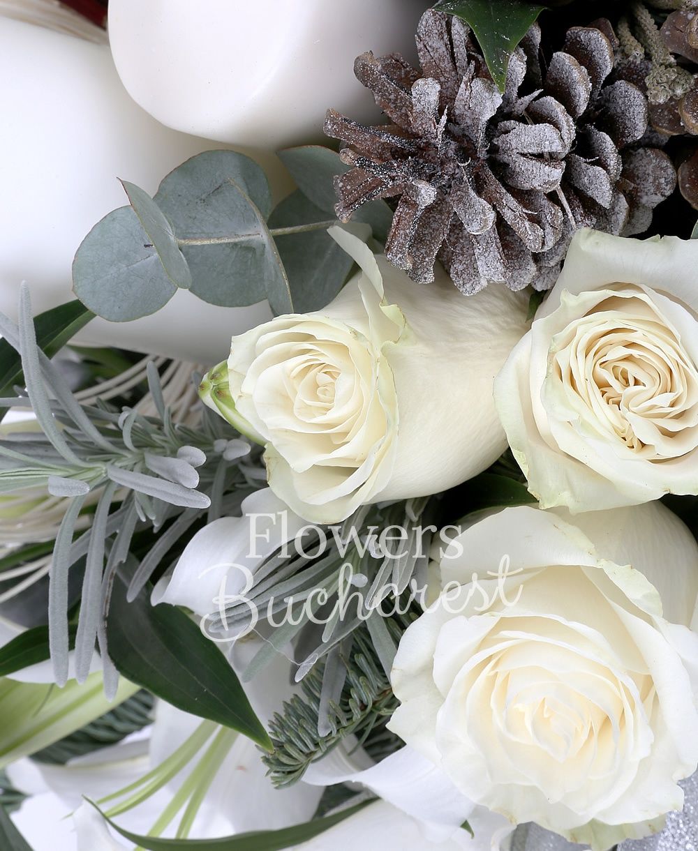 4 white lilies, 3 white roses, 5 brunia, globes, fir, greenery