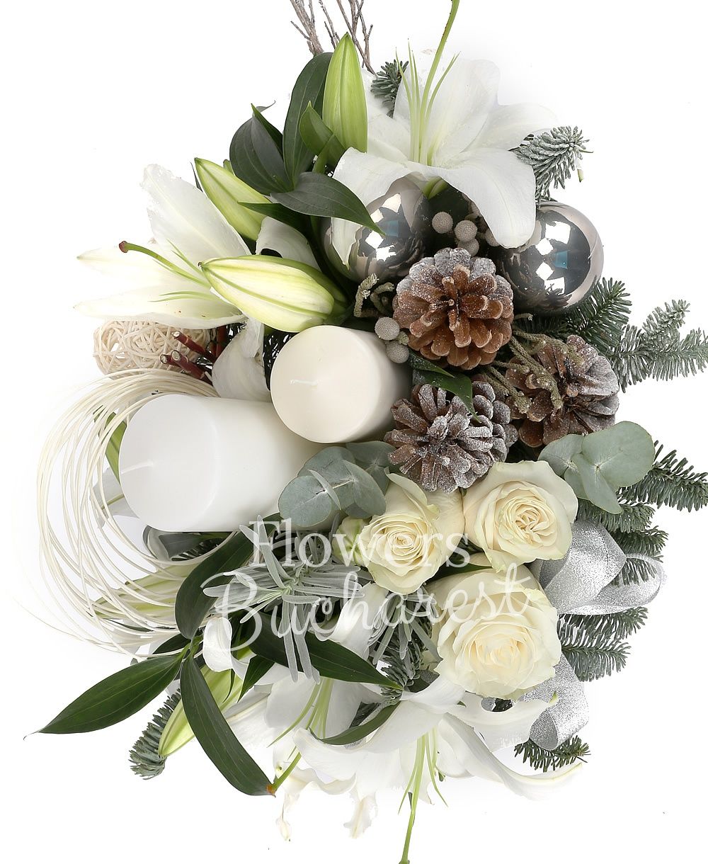 4 white lilies, 3 white roses, 5 brunia, globes, fir, greenery