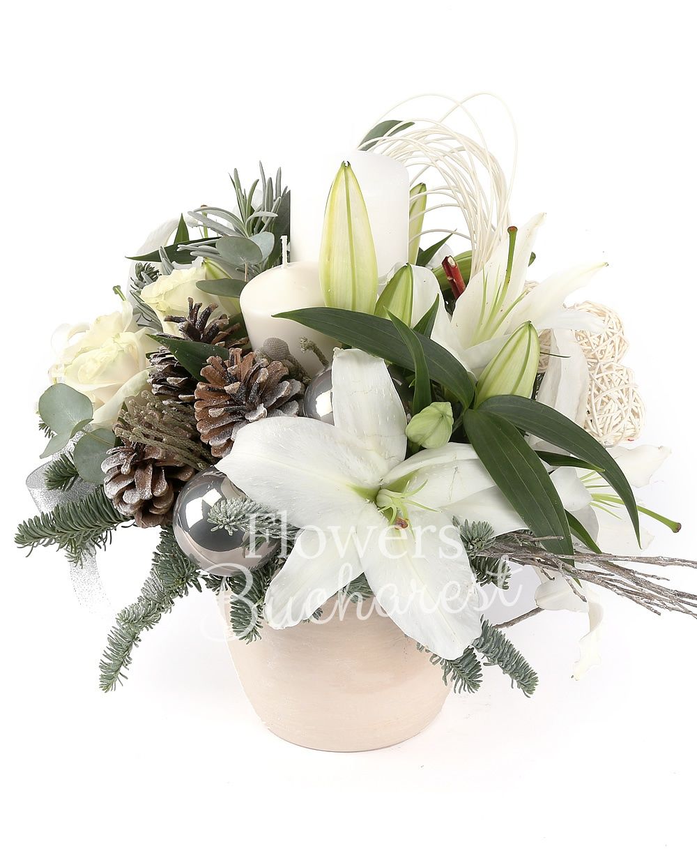 4 white lilies, 3 white roses, 5 brunia, globes, fir, greenery