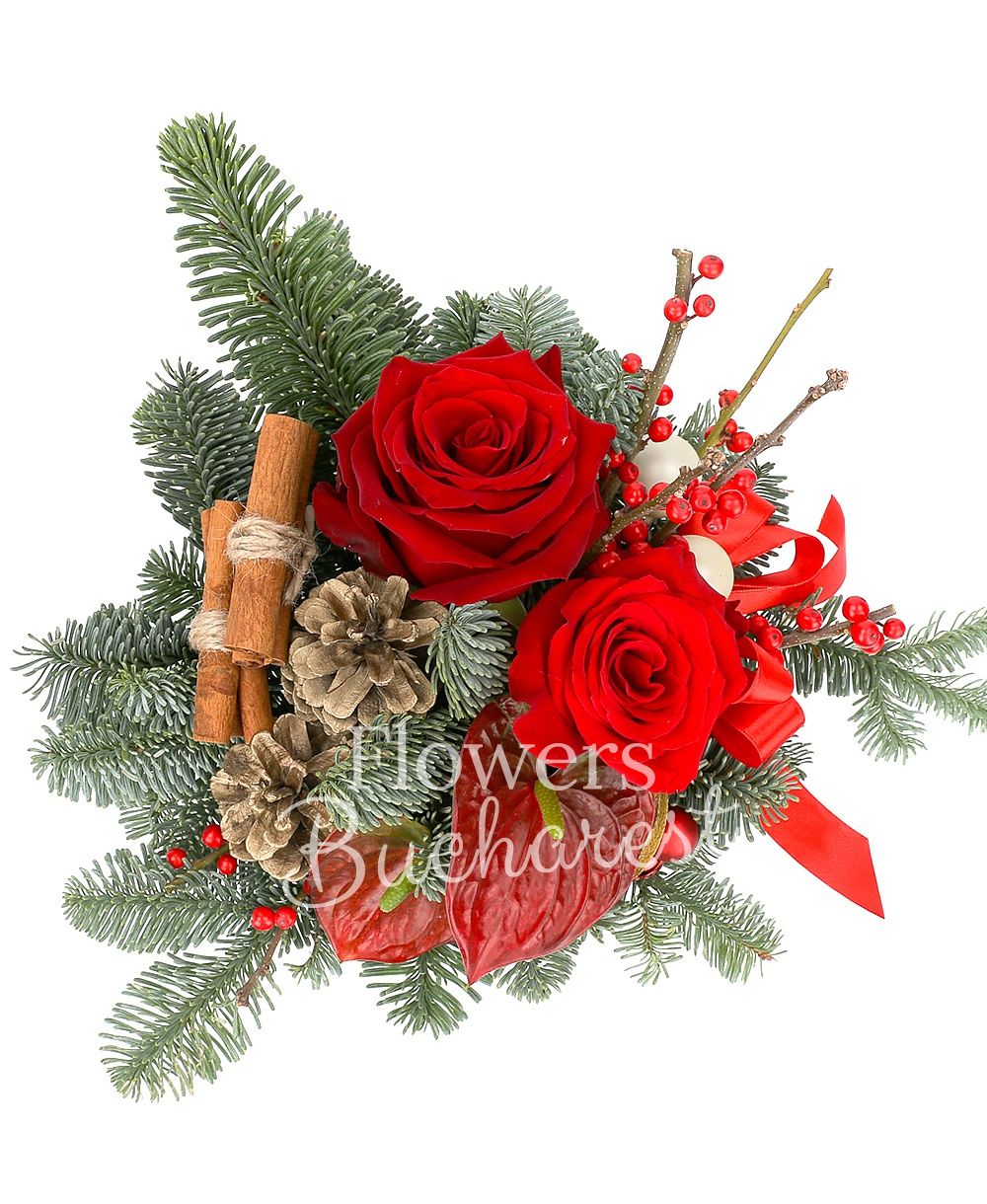 2 red roses, ilex, anthurium, fir, christmas decorations, ceramic vase