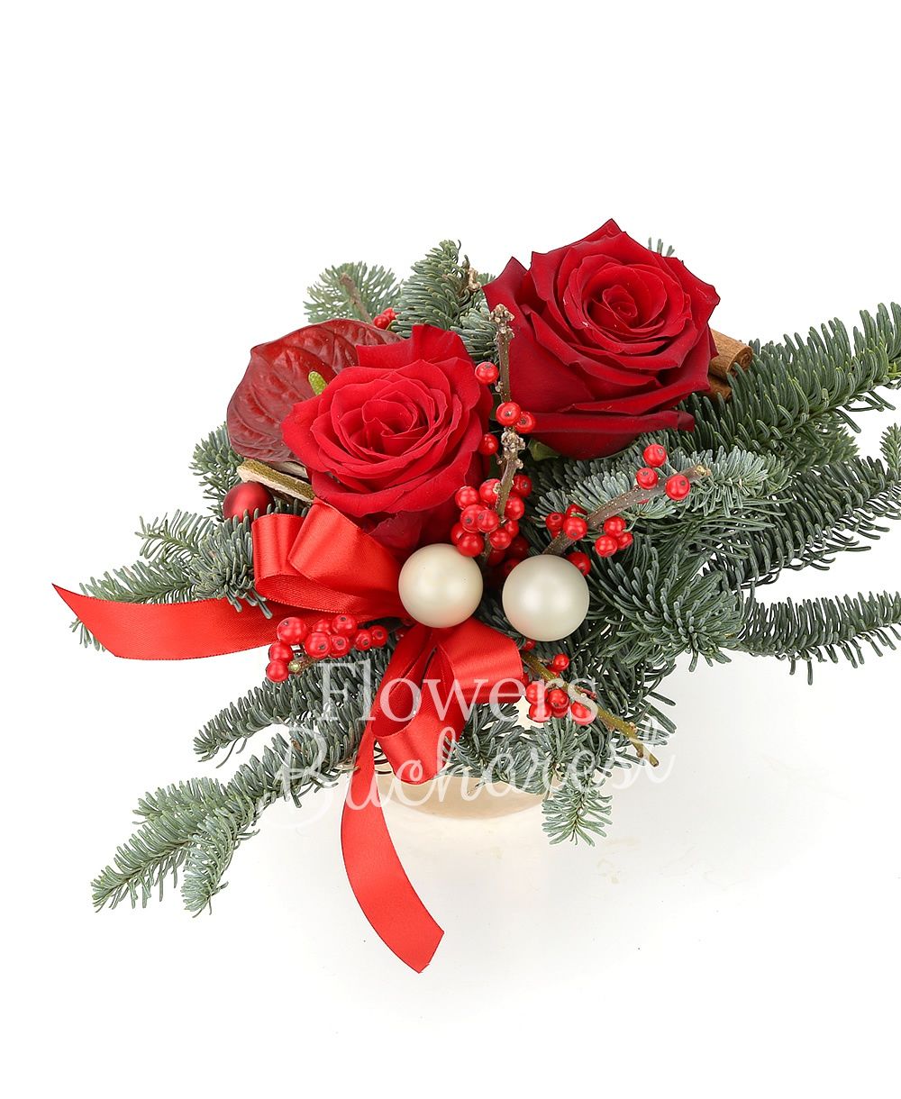 2 red roses, ilex, anthurium, fir, christmas decorations, ceramic vase