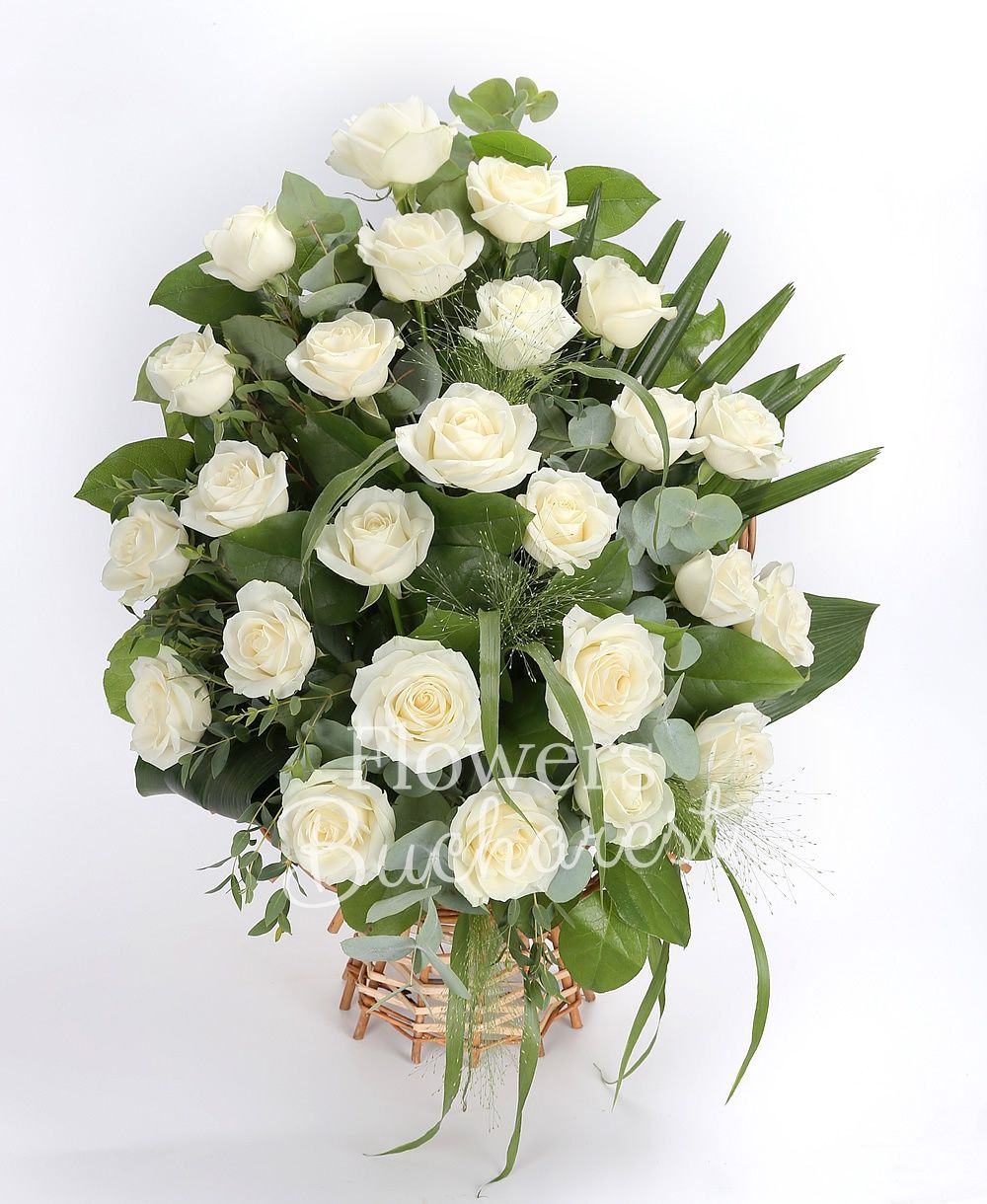 25 white roses, greenery