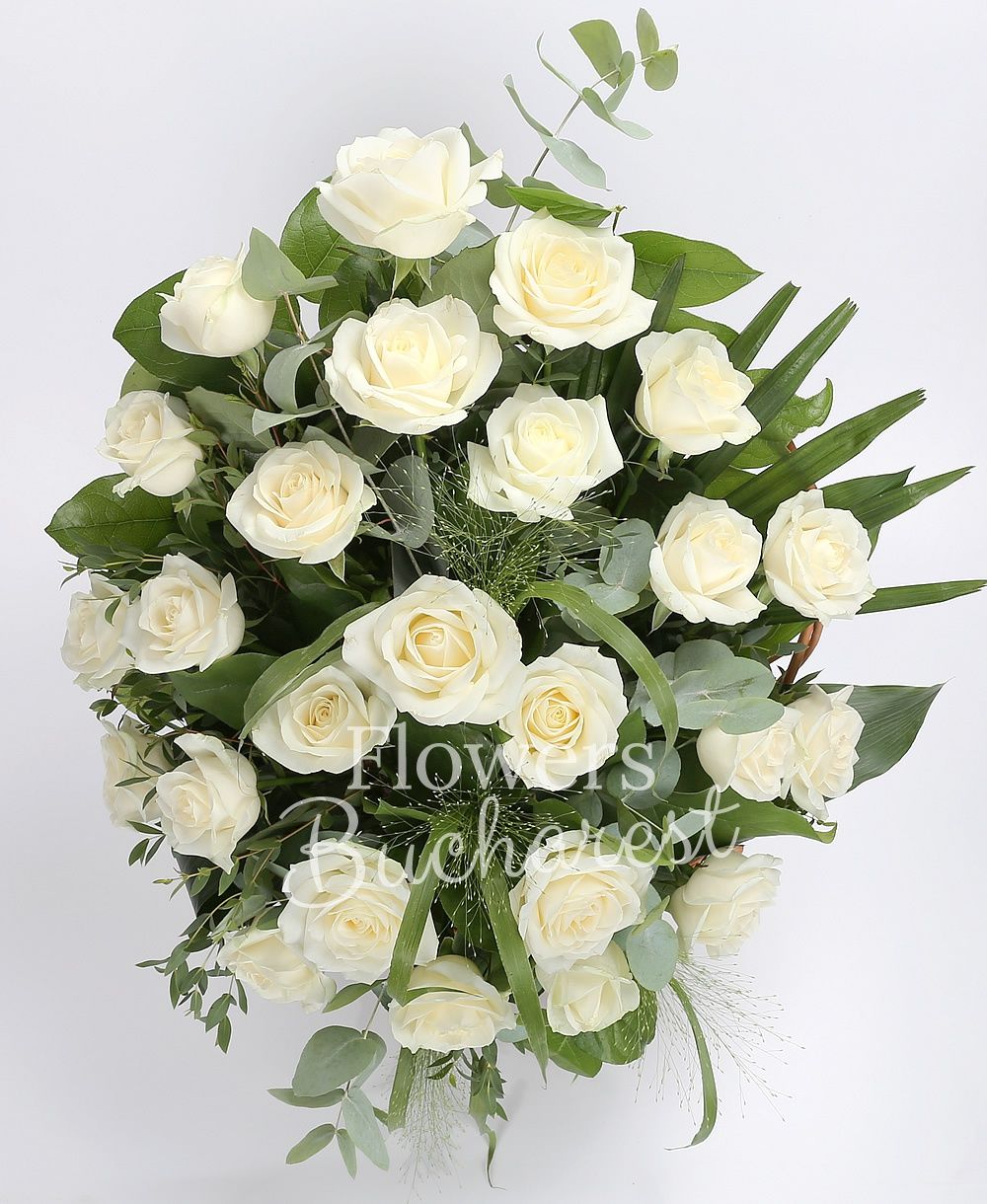 25 white roses, greenery