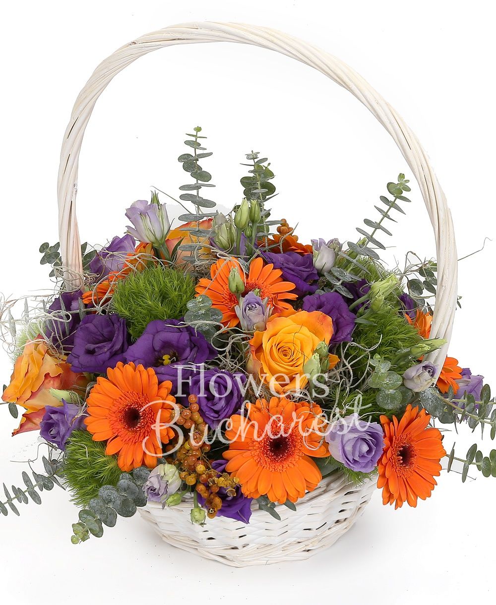 6 orange gerbera, 3 orange roses, 5 mauve lisianthus, 8 green carnations, greenery