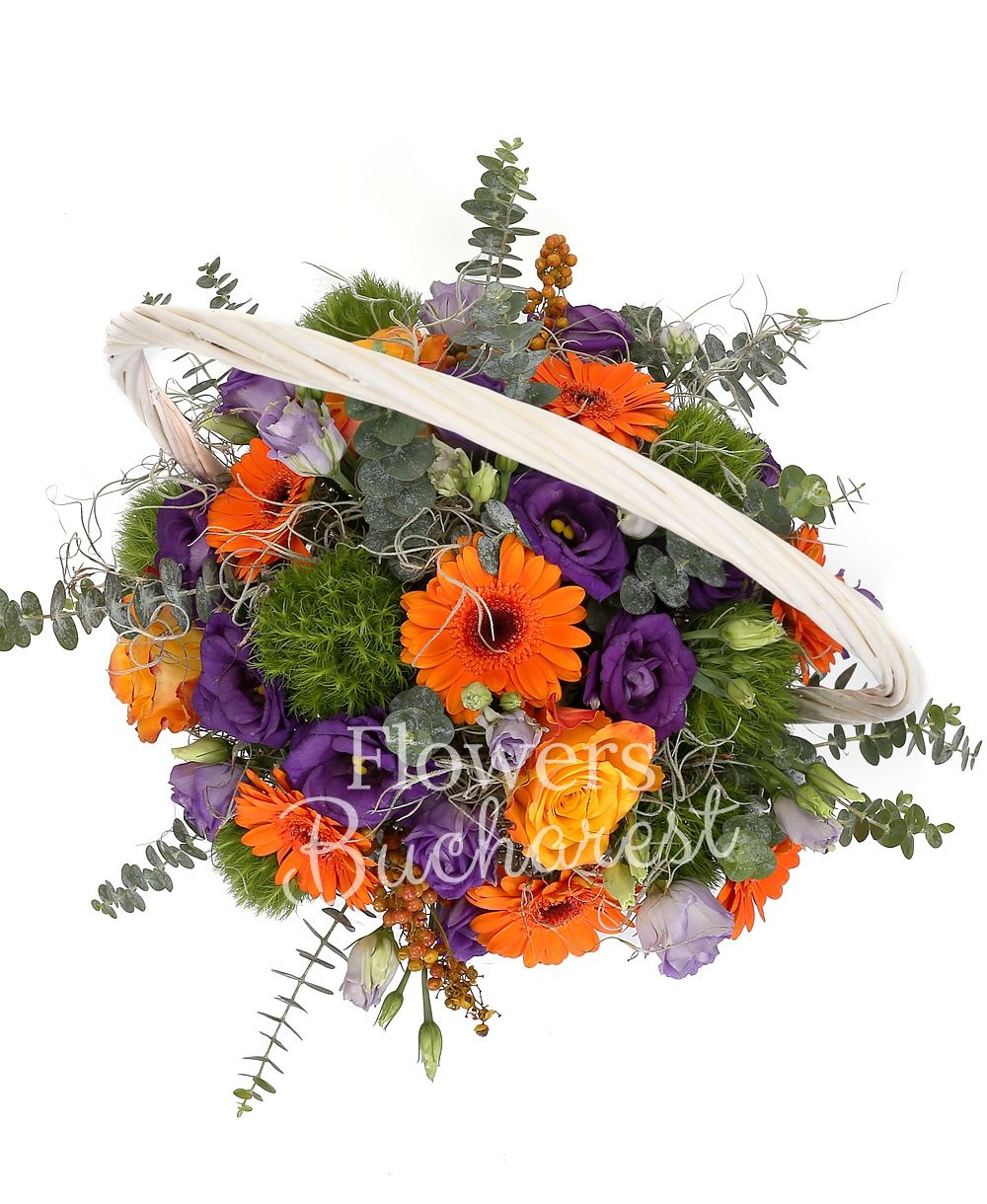 6 orange gerbera, 3 orange roses, 5 mauve lisianthus, 8 green carnations, greenery